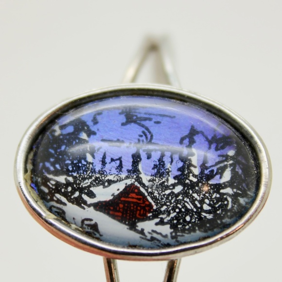 Vintage Butterfly Wing Handpainted Winter Scene Cabin Cuff Bracelet - Picture 1 of 6